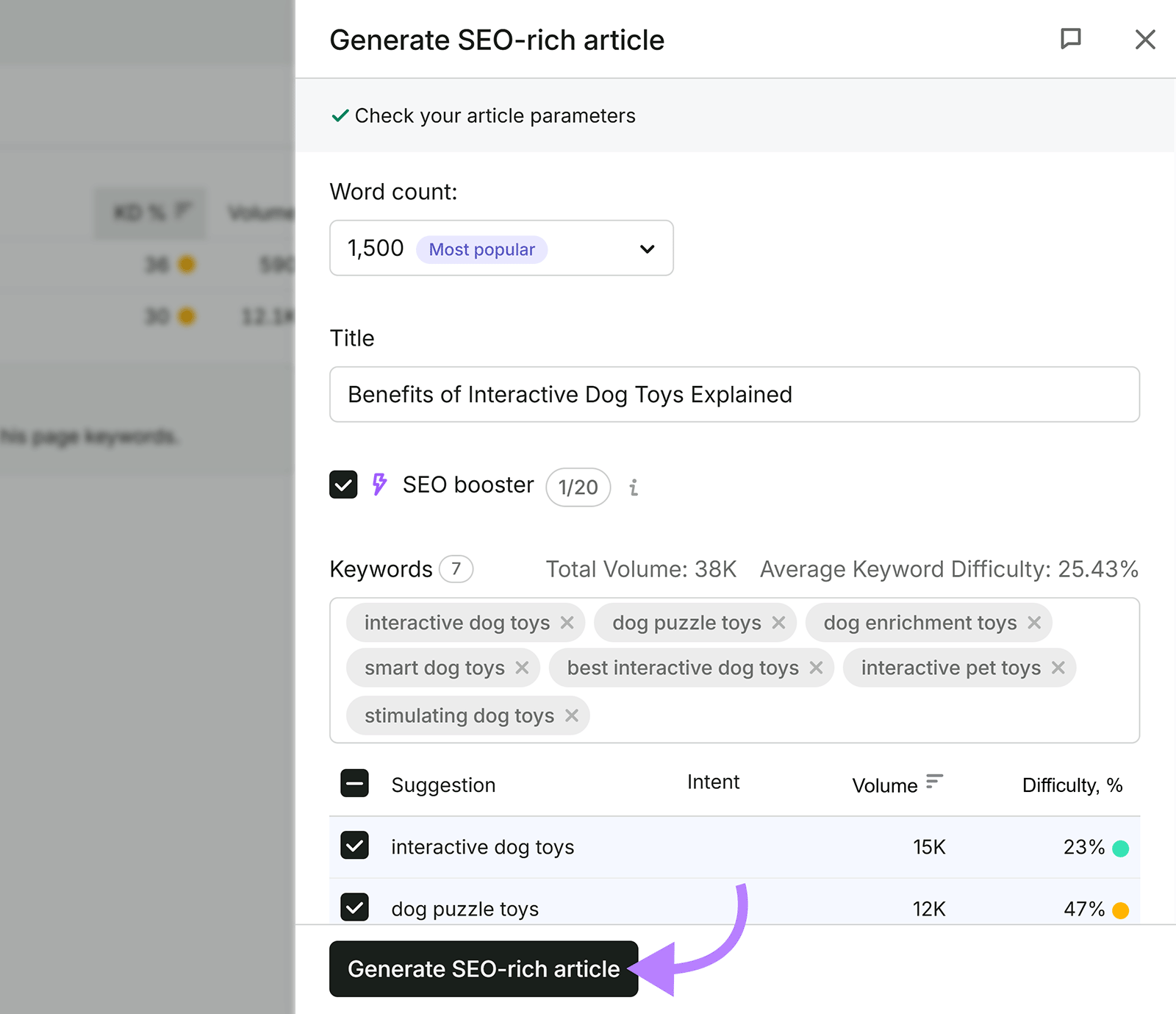 Semrush article generator showing title, word count, and target keywords for an SEO-rich article about interactive dog toys