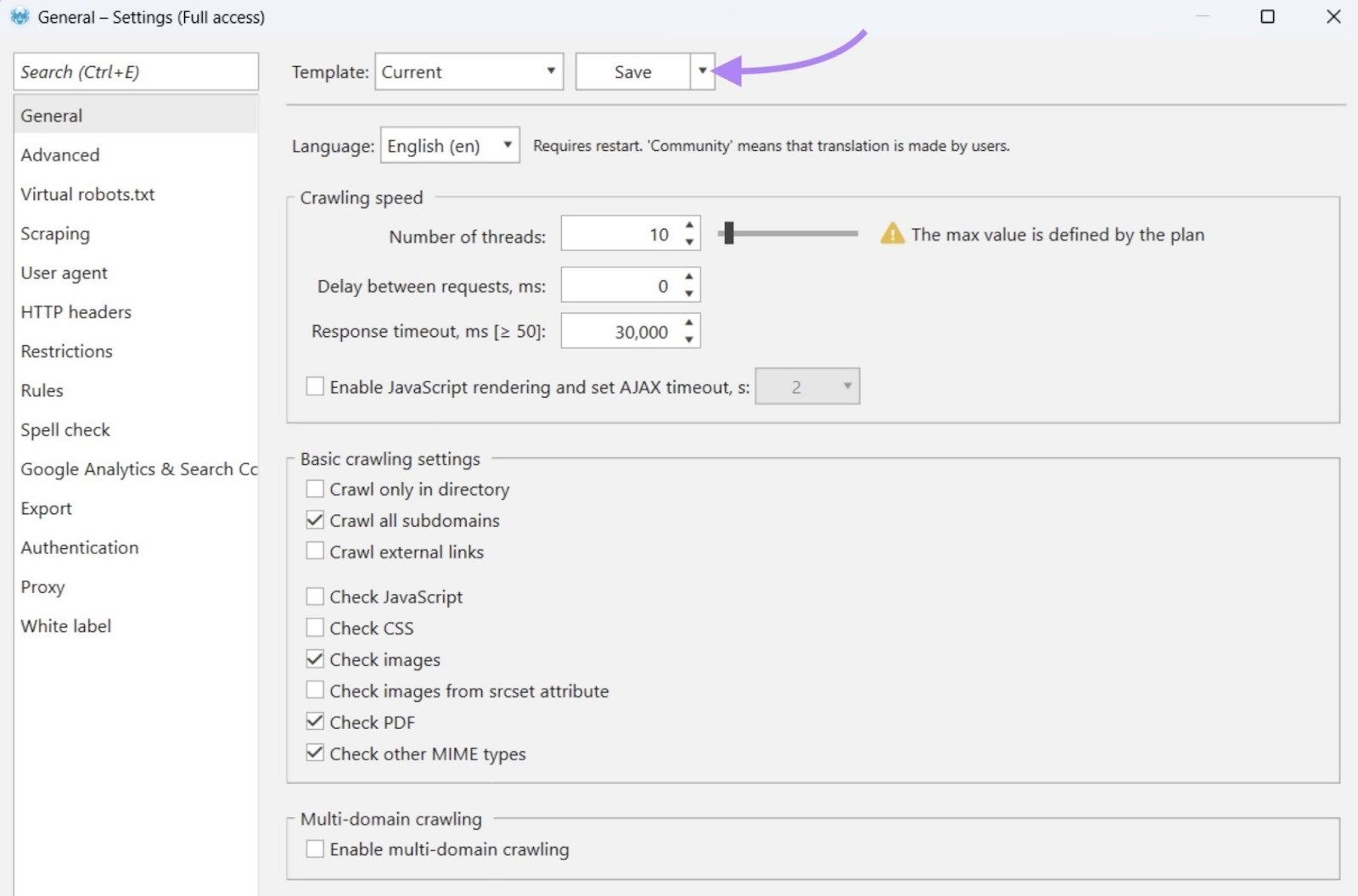 Saving settings as templates on Netpeak Spider.