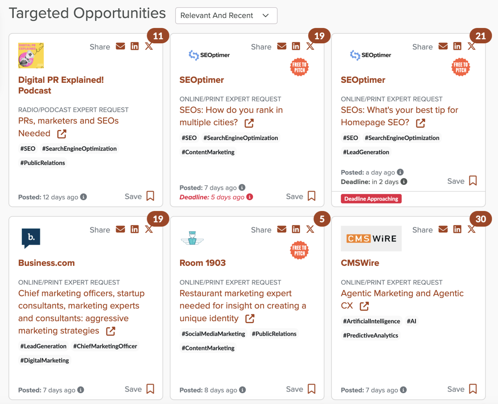 Digital PR targeted opportunities lists publishers and their request for an expert.